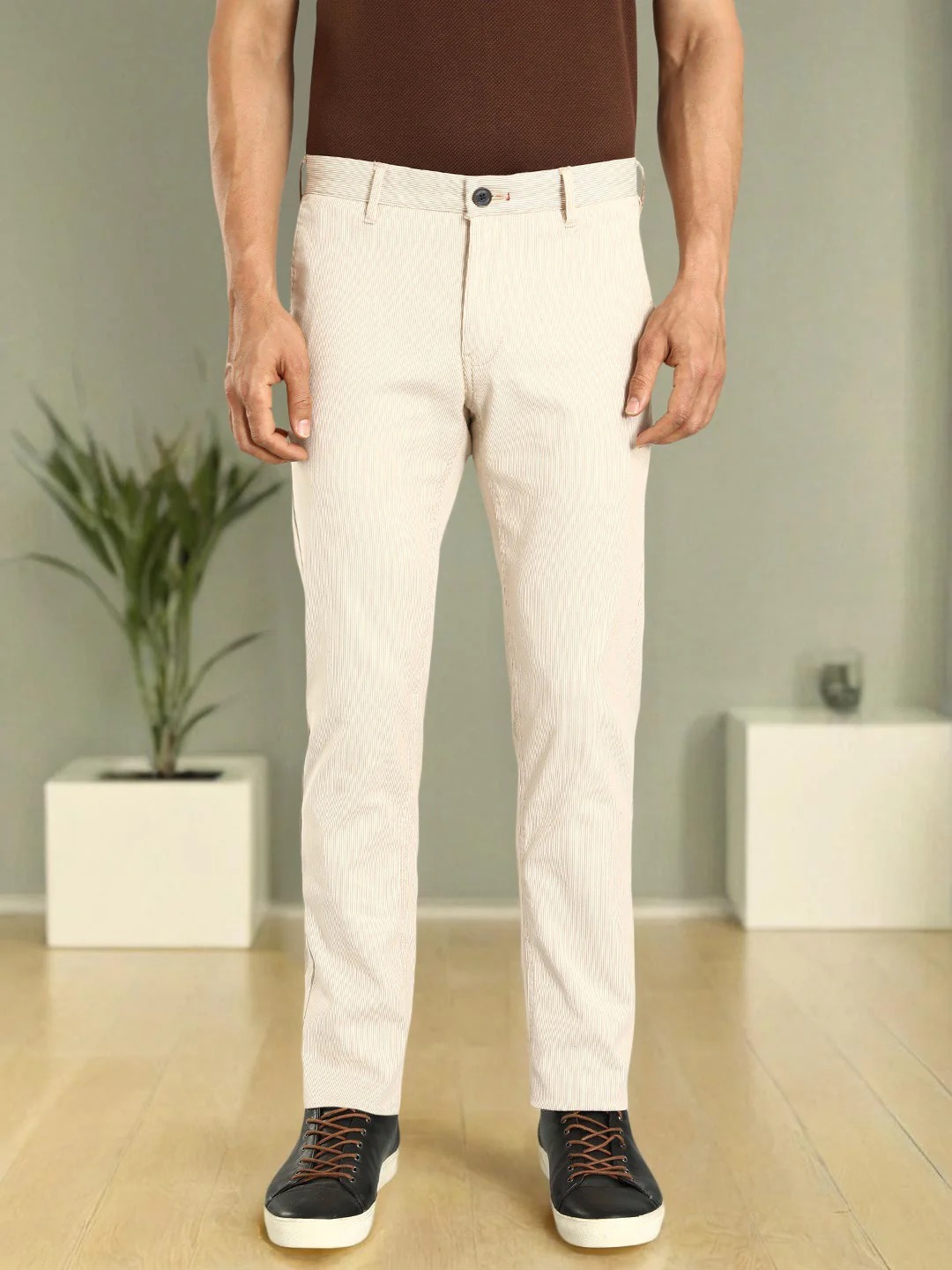 Indian Terrain Men's Slim Fit Striped Beige Trousers